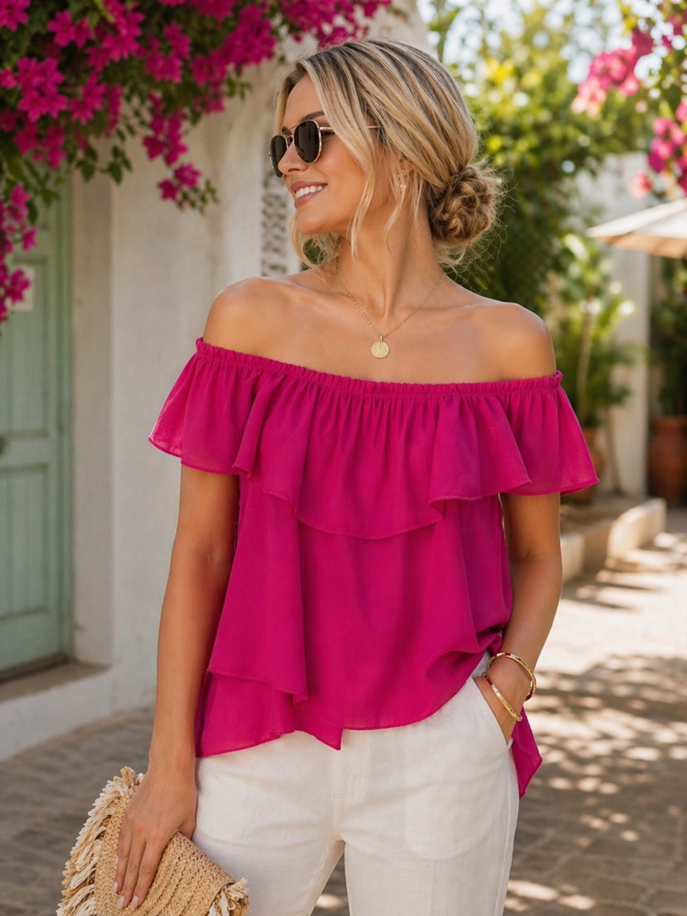 Southern Frock Vibrant Fuchsia Off-Shoulder Ruffle Blouse | Summer Resort Chic